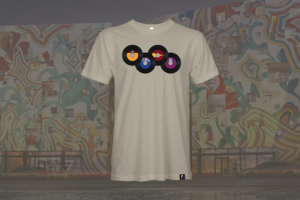 Light brown t-shirt with four records intertwined that represents a tribute to Motown.